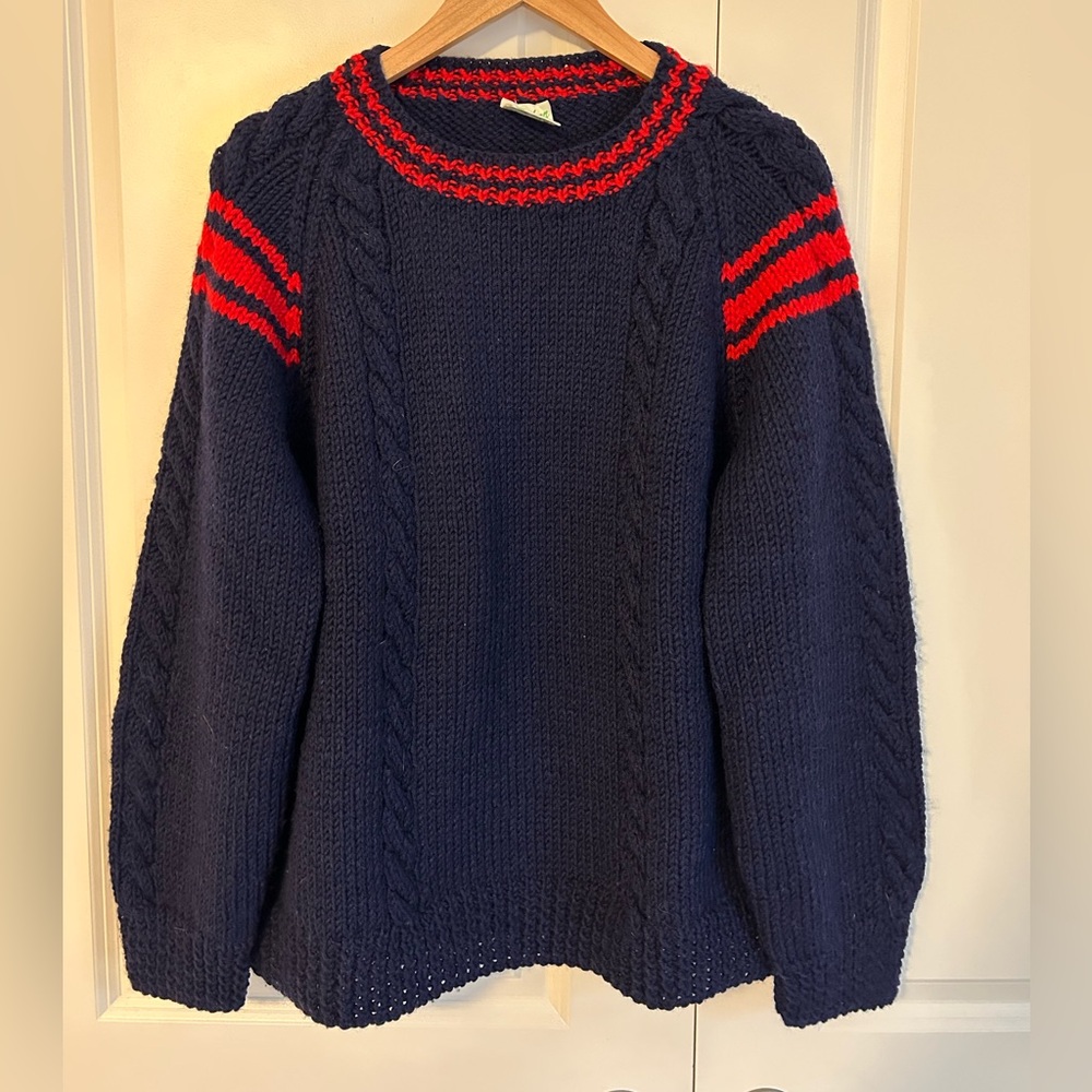 Parker Handknit vintage Wexford Ireland Irish cable knit wool blue and red sz L